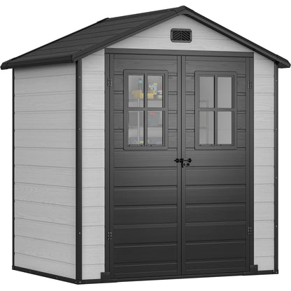 DWVO 6x4.4 FT Outdoor Storage Shed, Plastic Garden Tool Shed with 2 Windows, Double-Wall Outside Shed for Lawn Mower, Garden Tool for Backyard, Patio, Lawn, Lockable, Grey & Black