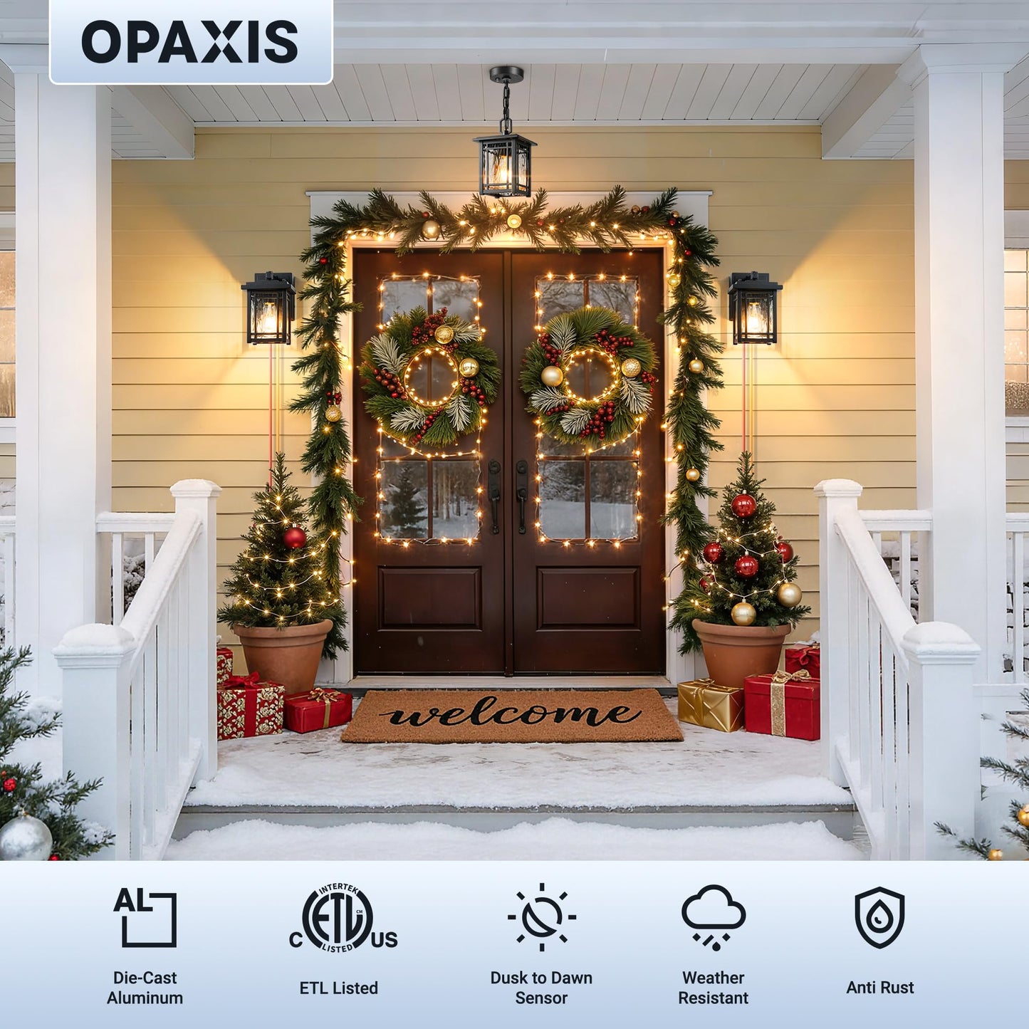 OPAXIS Dusk to Dawn Outdoor Pendant Light Fixtures, Modern Black Outdoor Hanging Lights with Photocell Sensor, Waterproof Exterior Chandelier for Porch, Outside Pendant Lantern with Adjustable Chain