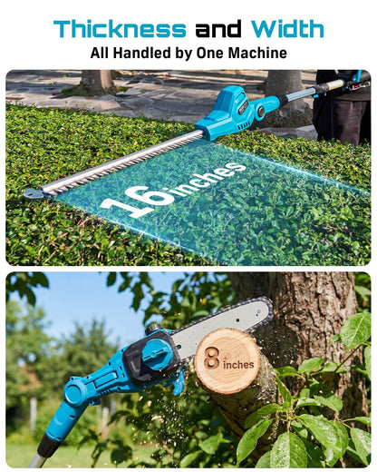 SEESII 2-in-1 Cordless Pole Saw & Hedge Trimmer Combo, 8" Electric Pole Chainsaw with 2×4.0 Ah Batteries, 16-Inch Extension Pole Hedge Trimmer, Bush Tree Pruner Limb Branch Cutter, 15ft Long Reach