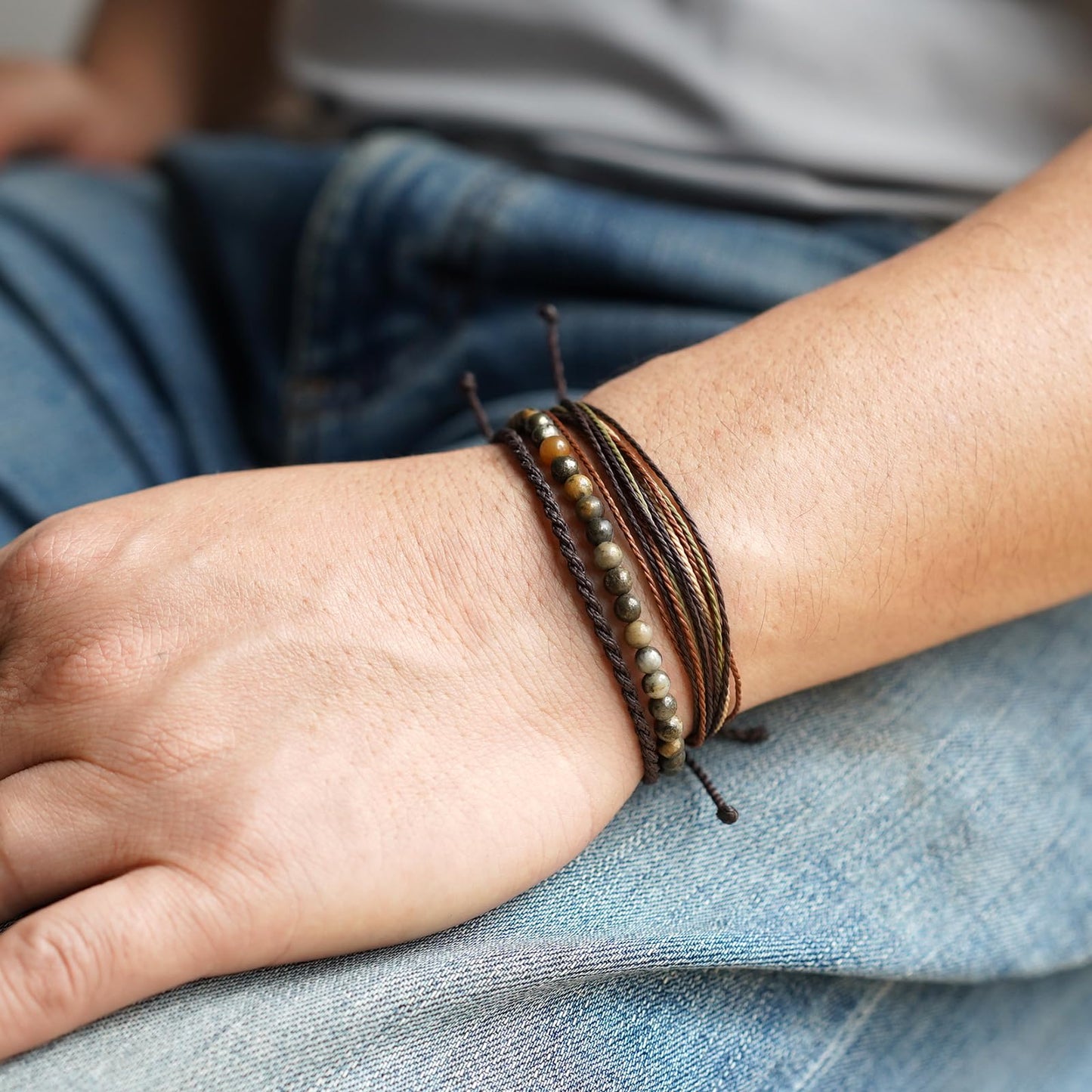 Handmade Natural Stone Beaded Healing Bracelet Gift for Men Adjustable Rope String Bracelet (Pyrite associated with brown quartz ore)