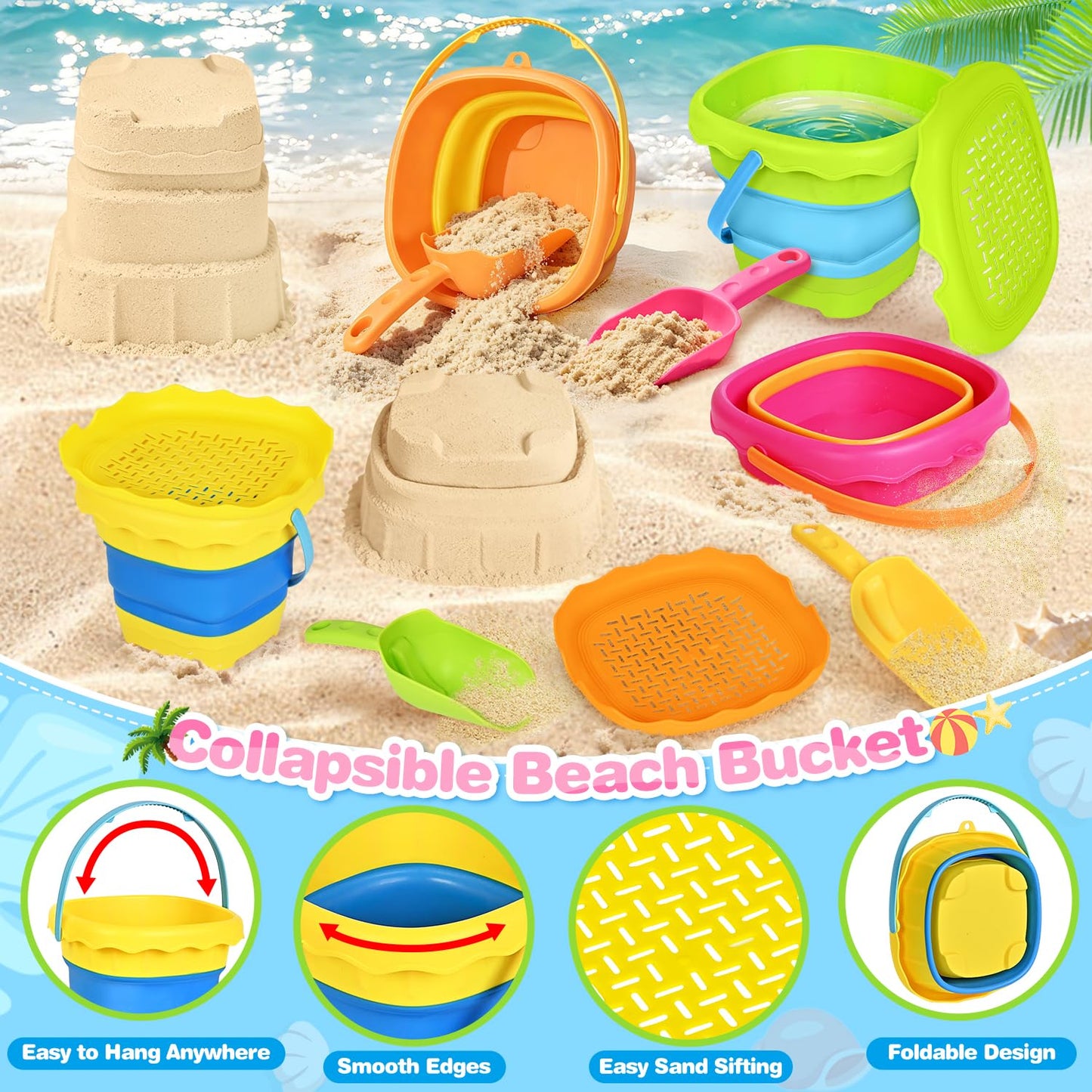 SpringFlower Beach Toys for Kids,Sand Toys for Toddlers with Collapsible Beach Buckets & Shovels Set,Travel Sandbox Toys for Toddlers Gifts Boys Girls Summer Outdoor Toys