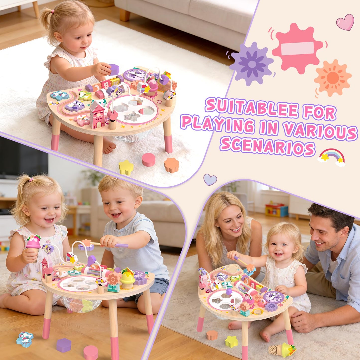 Hewaurorion Wooden Activity Table for Toddlers 1-3, Unicorn 10-in-1 Montessori Busy Board with Bead Maze Shape Matching Gears Clock, Sensory Learning Toys for 1 2 3 Year Old Girls Boys Birthday Gift