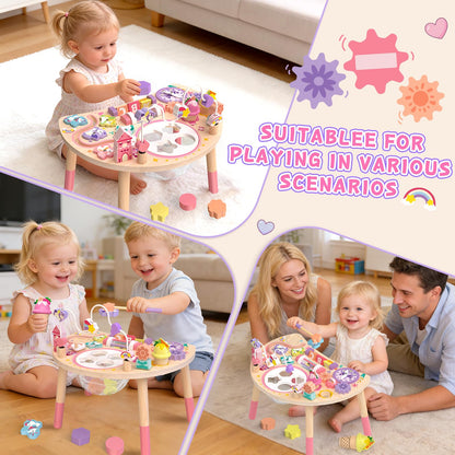 Hewaurorion Wooden Activity Table for Toddlers 1-3, Unicorn 10-in-1 Montessori Busy Board with Bead Maze Shape Matching Gears Clock, Sensory Learning Toys for 1 2 3 Year Old Girls Boys Birthday Gift