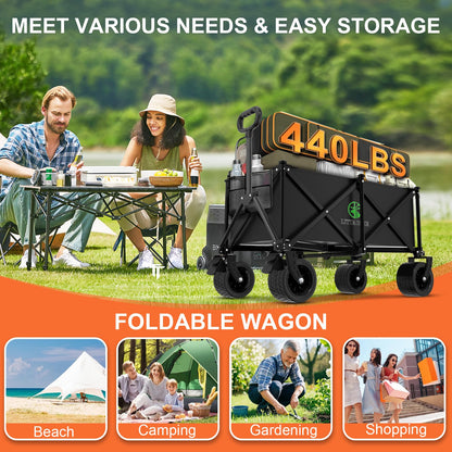 Littadeer Wagons Carts Foldable with Double Layered Bottom Fork Structure, Foldable Heavy Duty Beach Wagon with 440LB,Collapsible Wagon with All-Terrain Wheels for Camping, Garden,Shopping,Sports