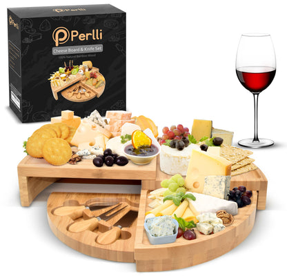 Perlli Bamboo Cheese Board & Knife Set, Large Folding 18 Inch Round Wood Rotating Charcuterie Board Set Cheese Meat Wine Serving Tray Platter, Home Decor