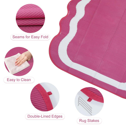 Uphome Outdoor Rug Waterproof 8x10, Large Reversible Pink Scalloped Patio Plastic Straw Rugs, Foldable Modern RV Camping Outside Carpet Mat for Pool Back Yard Deck Picnic, 8 x 10 ft