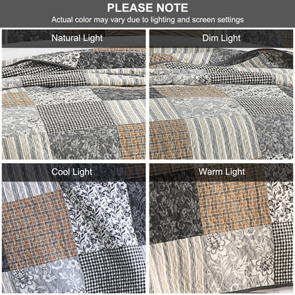 PANGUSHAN 100% Cotton King Quilt Bedding Set, Quilt King Size, Floral Patchwork Quilted Bedspread, Lightweight Comforter King Bed Spread for All Season, 3pcs, Brown/Gray
