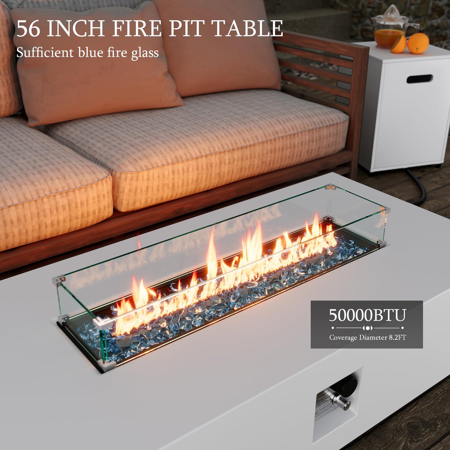 UPHA 56-inch Outdoor Propane Gas Fire Pit Table 50000 BTU Iron Rectangle Firepit for Outside Patio with Tank Hidden Table, Wind Guard, Removable Lid, Blue Glass Rocks, Rain Cover, White