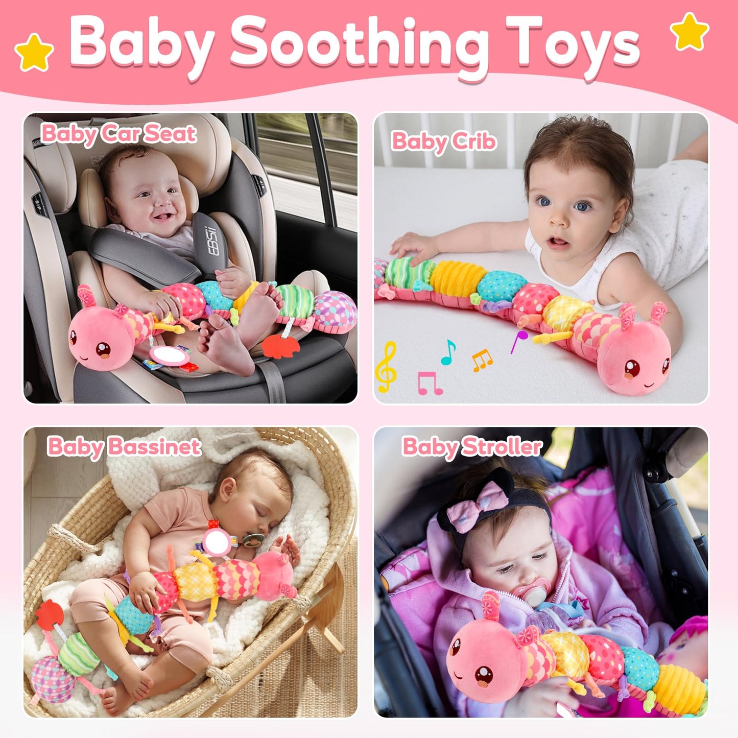 Baby Girls Toys 0-6 Month Music Animal Stuffed Caterpillar Toy for Infant 0-3 3-6 Months Mirror Crinkle Rattle Tummy Time Sensory Toys for 3 4 5 6-12 Month Old Newborn Baby Shower Easter Gifts