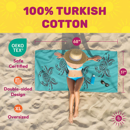 Sun Drunk Turkish Beach Towel XL Crabs Bleu Verts - Cotton Turkish Towels for Beach, Pool Towel, Quick Dry Sand Free, Thin Towels Oversized for Travel Soft Sandproof & Lightweight