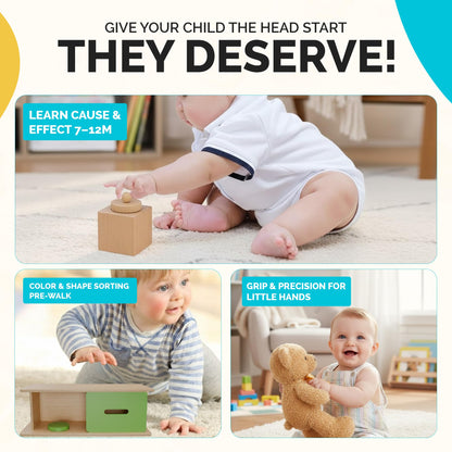 SmileyBubs Montessori Baby Toys 6-12 Months, Montessori Toys for 1 Year Old, Baby Sensory Toys for 6-12 Month Infants - A Sliding Box, Puzzle, Switchboard, Pulling Carrots, Doll, Fruit Flash Cards