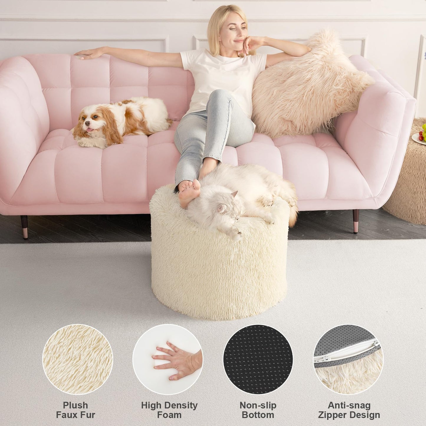 Hansleep Round Stuffed Pouf Ottoman 17 x 14, Foam Filled Faux Fur Ottoman Foot Rest for Chair with Washable Cover, Foot Stools Under Desk for Living Room & Bedroom, Beige
