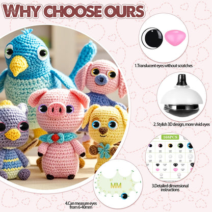 MUCUNNIA 160 pcs Safety Eyes for Crocheting 12-35mm 3D Moon Safety Eyes and Noses for Amigurumi with Washers Large Plastic Crochet Eyes Doll Craft Eyes for Plush Stuffed Animals Toy Making Supplies