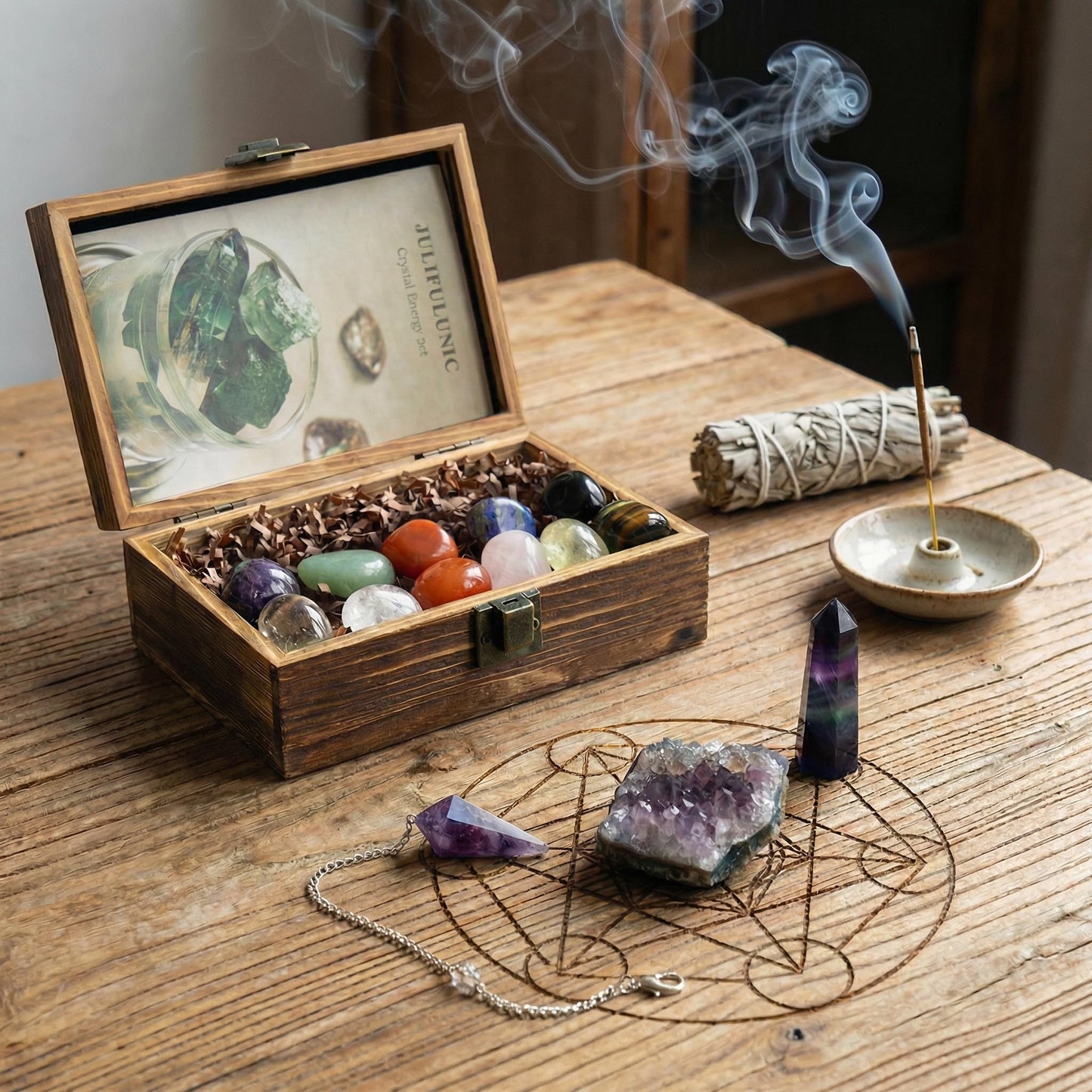 Juliful Unic 15PCS Crystals and Healing Stones Natural Crystals Set for Women Rainbow Fluorite Amethyst Crystal & Pendulum Tumbled Stones Crystal Wands