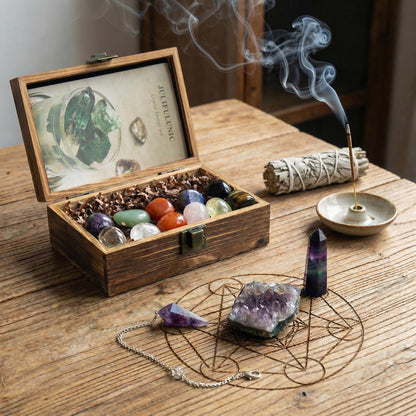 Juliful Unic 15PCS Crystals and Healing Stones Natural Crystals Set for Women Rainbow Fluorite Amethyst Crystal & Pendulum Tumbled Stones Crystal Wands