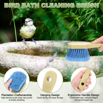 M METERXITY 1-Pack Bird Bath Cleaning Brush, 8.7" Plastic Bird Bath Cleaner with Ergonomic Handle for Fountain/Feeder/Outdoor Cleaning, Utility Hard Stiff Bristle Scrub [Beige Handle, Blue]
