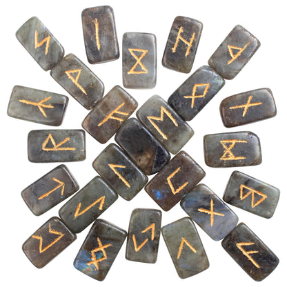 Crocon Labradorite Rectangle Shape Gemstone Rune Stones with Elder Futhark Alphabet Engraved 25 pcs Rune Set Crystal Divination Metaphysical Healing Chakra Reiki Runes Set with a Pouch Size: 21-26mm
