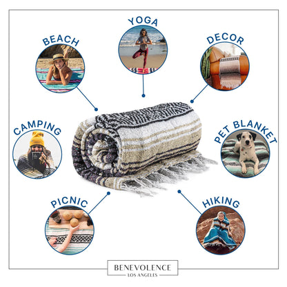 Benevolence LA Authentic Handwoven Mexican Blanket | Yoga Blankets, Outdoor, Picnic, Beach, Camping | Equestrian Saddle | Serape 50x70 inches - Sand, Pack of 1
