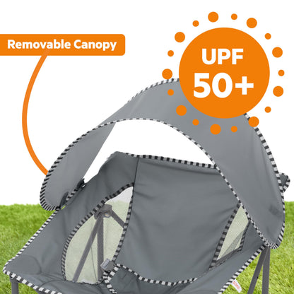 Bright Starts Pop 'N Chill Portable Infant Beach Chair, Travel Seat with UPF 50+ Canopy, Indoor/Outdoor Baby Seat, Grey, 0‑6 Months