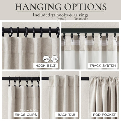 100% Blackout Curtains 84 Inch Length 2 Panels Set Farmhouse Style for Bedroom Windows/Living Room Thermal Insulated Neutral Boho Drapes Linen Blend Natural Ivory 7ft Long Hook Belt Pleated/Back Tab