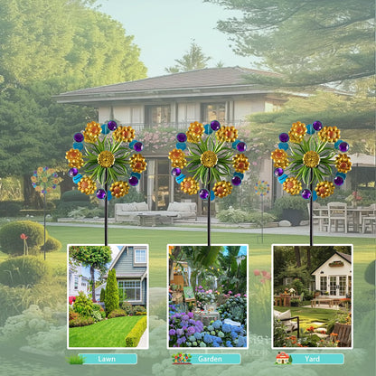 Wind Spinner, Metal Yellow florets and Purple Jewelry 44.25 inch Outdoor Metal Wind Spinners for Patio,Lawn,Garden,Creative Gifts for Women, Double Windmill with Stable Stake