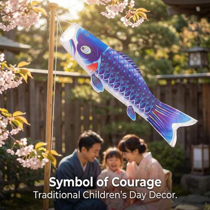 Japanese Koi Fish Windsock, 39 Inch Blue Koinobori Flag for Outside Garden Backyard Decor, Traditional Satin Wind Streamer for Children's Day, Weather Resistant Hanging Wind Sock Ornament
