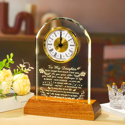 Arikyrist Daughter Gifts from Mom Dad Glass Daughter Clock with Wooden LED Light Base Inspirational Birthday Christmas Graduation Gift for Daughters Lovely Decor for Table Home