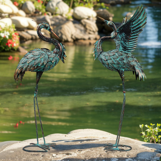 Ruifabo Garden Statues Large Metal Crane Sculptures, Outdoor Heron Metal Statue Yard Art for Garden Decor, Realistic Bird Art for Outdoor Decor, Standing Lifelike, Water&Rust-Proof, Set of 2 Bronze