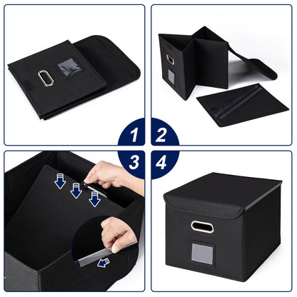 CADONO File Organizer Box with Lid, Large Hanging File Folder Organizer with Plastic Slide, Collapsible Portable Filing Storage Boxes for Office/Decor/Home (Black, 14.9 x 12.59 x 10.8 inch)