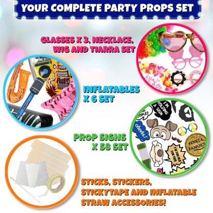 SOUL SHIFT 70 Pc Large Premium Photo Booth Props Set for All Occasions - Wedding Props, Birthday Props, Graduation Prop, Inflatables, Large Glasses, Multi-Colored Wig, Hawaiian Lei, Hand Pump