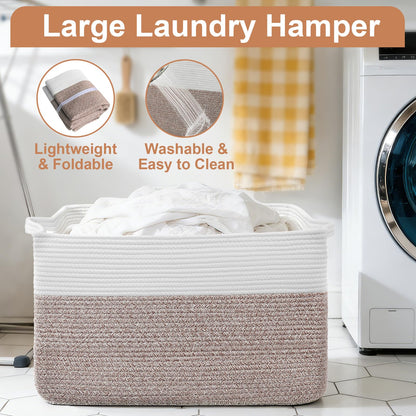 75L Extra Large Blanket Basket for Living Room - Cotton Rope Laundry Hamper Woven Baskets XXL Storage Bin with Handles for Dirty Clothes, Kids, Pets, Toys, Bedroom, 22" x 17" x 12", White & Brown