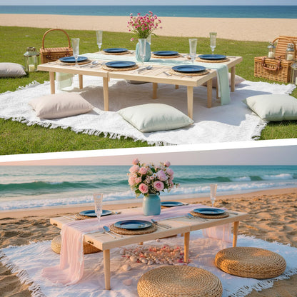 Hahafelt 2 Set Low Picnic Table, Foldable Boho Picnic Table with Extra Large Outdoor Camping Blanket Portable Boho Wood BBQ Tables for Camping Wedding Beach BBQ Party (44.1''x22.1''x12.9'',Wood Color)