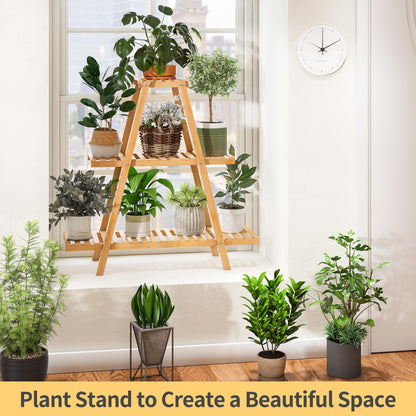 Furshus Bamboo Plant Stand - Indoor/Outdoor 3 Tier Plant Ladder, 8 Potted Flower Holder, Natural
