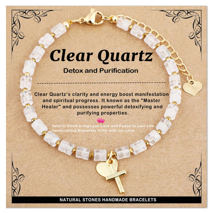 Natural Gemstone Healing Crystal Clear Crystal Dainty Charms Heart and Cross Bracelet Adjustable Chain Extender Minimalist Jewelry