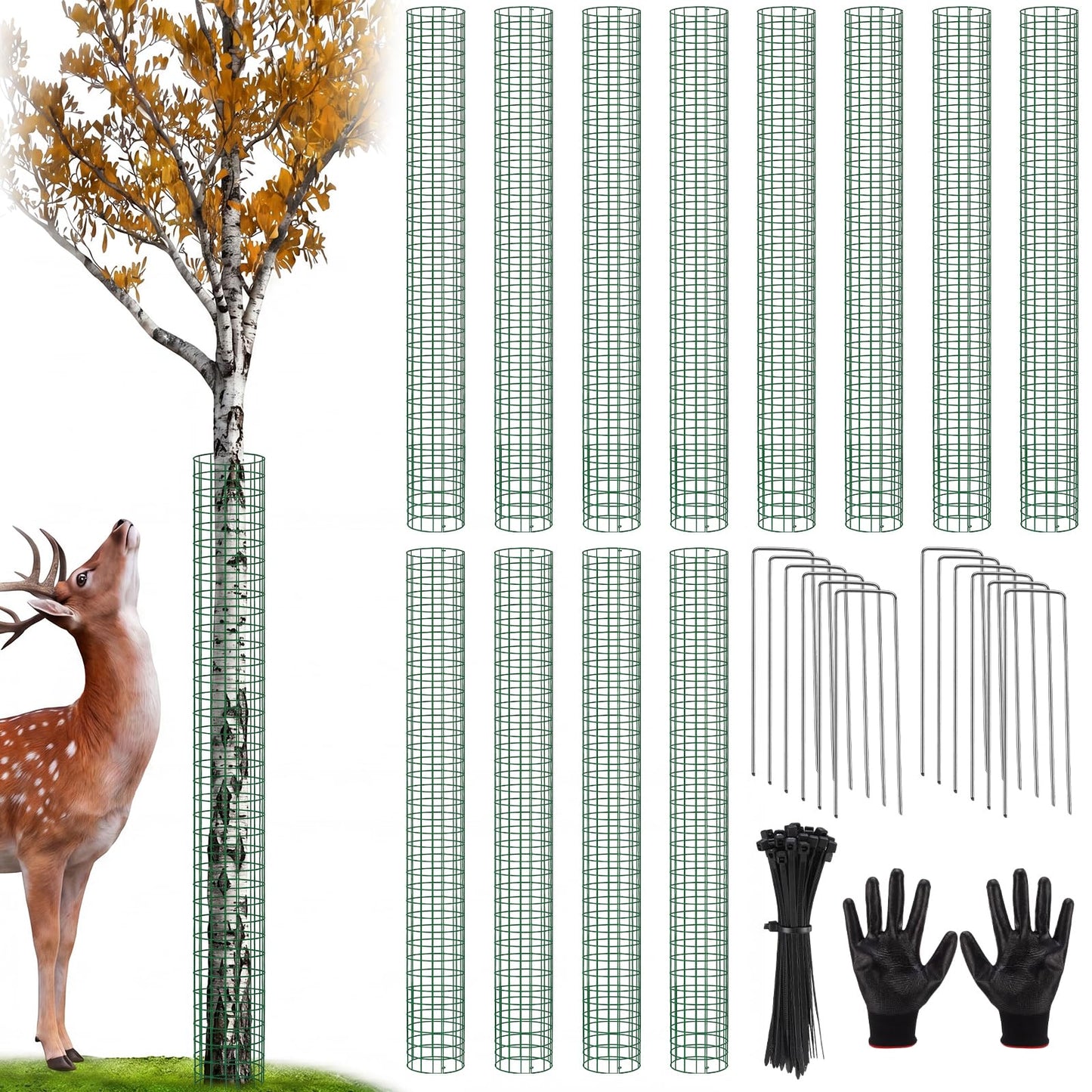 ElaraBerry 12 Pack 60" Metal Tree Trunk Protectors Heavy Duty Mesh Tree Guards Expandable Trunk Protector Guard with Zip Ties, Stakes & Gloves for Saplings, Trees, Gardens and Landscapes