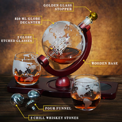 PONPUR Gifts for Men Dad Valentines Day, Whiskey Decanter Globe Set with 2 Ball Stones & 2 Glasses, Anniversary Birthday Gifts for Him Husband Boyfriend Brother, Cool Stuff Gift for Bourbon Scotch