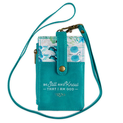 Christian Art Gifts Women's Slim Zipper ID Badge Card Holder: Be Still & Know - Psalm 46:10 Inspirational Bible Verse w/Detachable Neck Strap Lanyard, Coin Purse Pocket, Vegan Leather, Floral Teal