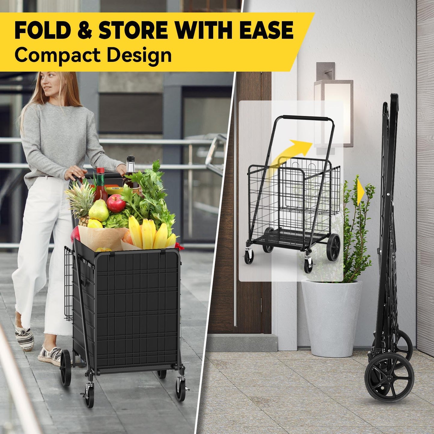 XING LANG 5.0 Cu Ft Folding Shopping Cart - 480 LB Capacity Grocery Cart with 360° Braked Swivel Wheels - Heavy Duty Utility Cart with Double Basket & Removable Waterproof Liner with Lid for Laundry