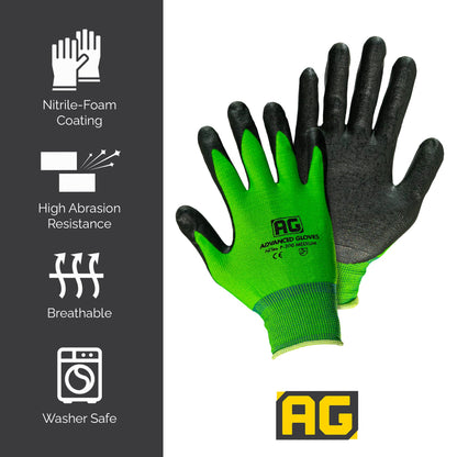 ADVANCED GLOVES – NiTex P-12 Nylon Nitrile Gloves, Breathable Nitrile Foam Coated Utility Gloves for Insulated Grip, Green, 6-Pair, Large