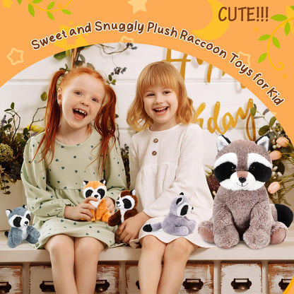 Harrycle 5 Pcs Raccoon Stuffed Animal Set Adorable Mommy Raccoon Plush with 4 Babies in Tummy Soft Cuddly Plushie for Birthday Woodland Party Decor(Cuddly Style)