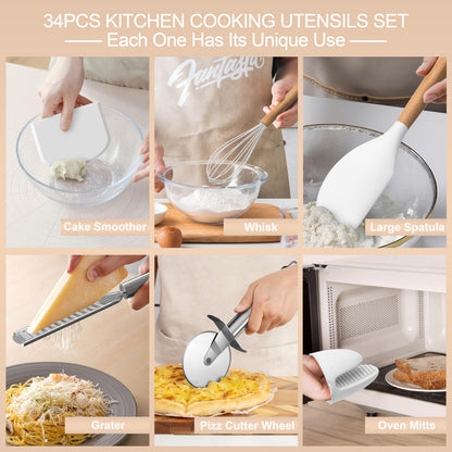Silicone Cooking Utensils Set, 43Pcs Non-Stick Heat Resistant Kitchen Utensils Spatula Set with Wooden Handle for Baking, Cooking, and Mixing, Best Kitchen Gadgets Tools with Holder (White)