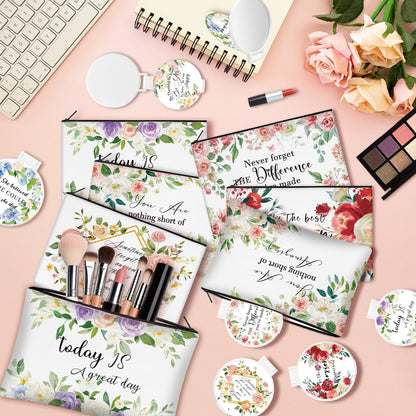 KOPOOEOE 40 Pcs Floral Inspirational Gifts Canvas Makeup Bags with Compact Mirrors Cosmetic Bags Thank You Pouch Bulk for Mothers Day Church Women Teacher Coworker Employee Gifts