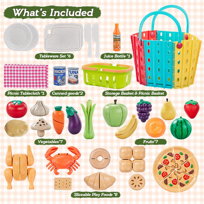 LAUGIGLE 86Pc Wheat Straw Play Food for Kids Kitchen-Toy Food with 2 Baskets & Picnic Blanket, Realistic Cutting Pizza, Grocery Cans, Pretend Play Kitchen Accessories & Toddler Toys for Boys Girls 3+