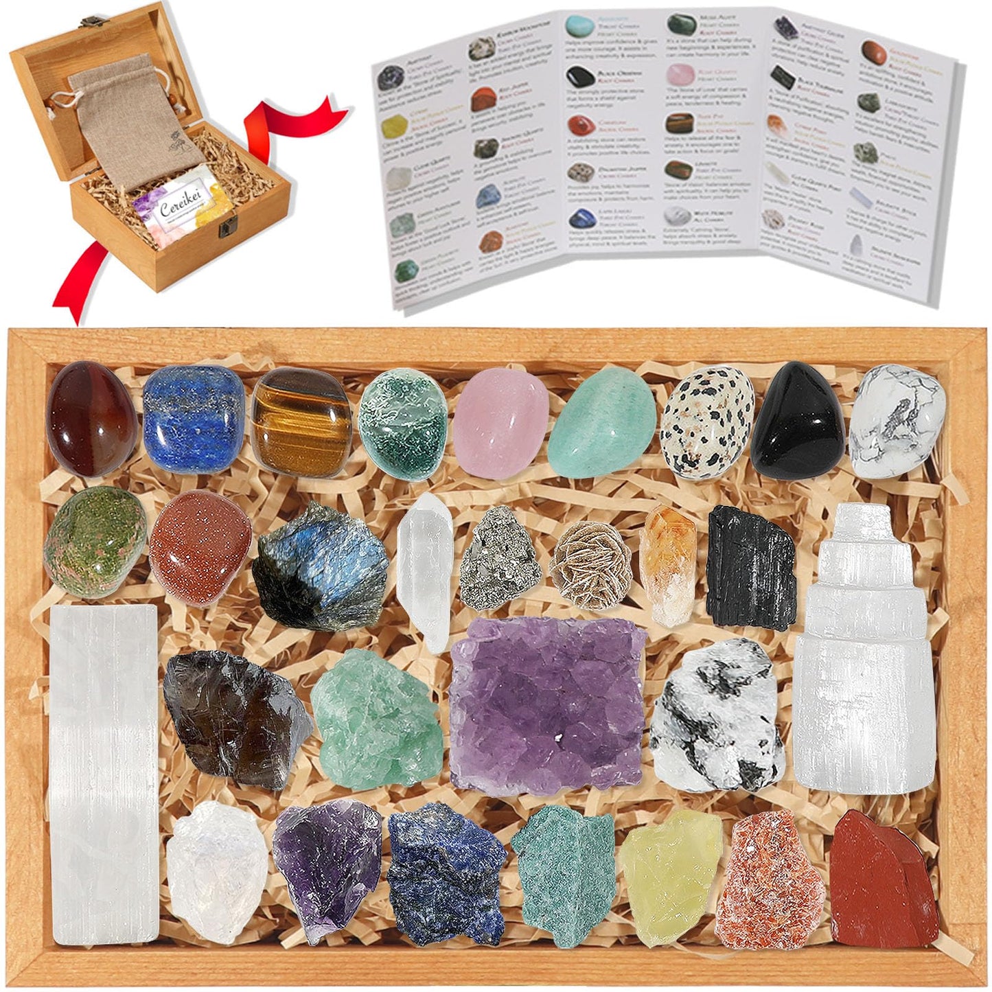 30 PCS Crystals and Stones Set, Natural Raw Healing Crystals and Tumbled Chakra Stones, Premium Protection Crystal Gift Kit Display in Wooden Box with Info Guide, Meditation, Yoga, Home Decor