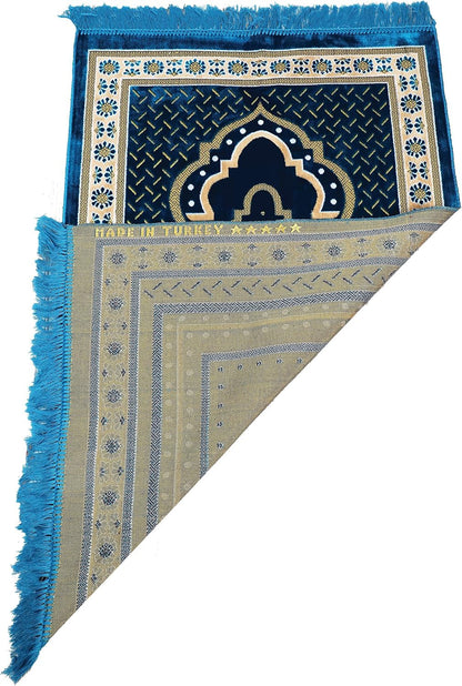 TB Muslim Prayer Rug Islamic, Soft Velvet Mat Ramadan Gift, with Prayer Bead Unique Decoration Gilded Gold-Like Embroidered for Women Man Kids Meditation Turkish African (Blue)