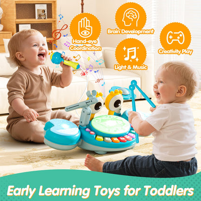 Toddler Drum Set for Kids 1-3, Baby Drum Set 1 Year Old with Light-Up Microphone, Musical Instruments Montessori Learning Toys for 6 9 12 18 Months, Birthday Gift for Boys Girls (BLUE)