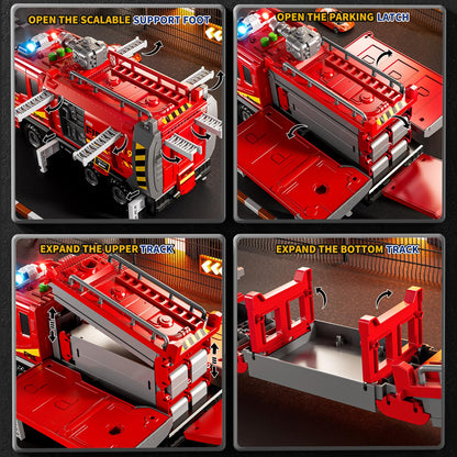 DULONIME Fire Trucks for Toddlers 1-3, Firetruck Toys for Toddlers 1-3 3-5, Folded Carrier Truck Race Track with 6 Racing Car Toys, Light Sound, Birthdays for Kids Girls Aged 3-9