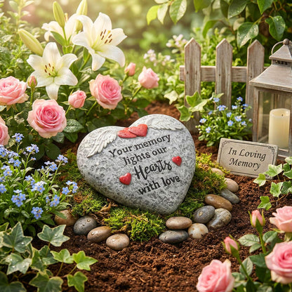 pechpell Memorial Garden Stones, Heart Shaped Resin Angel Wings Garden Stones In Memory of Loved Ones Remembrance Plaque, Bereavement Gift Outdoor Pet Cat Dog Funeral Grave Marker Cemetery Patio Decor