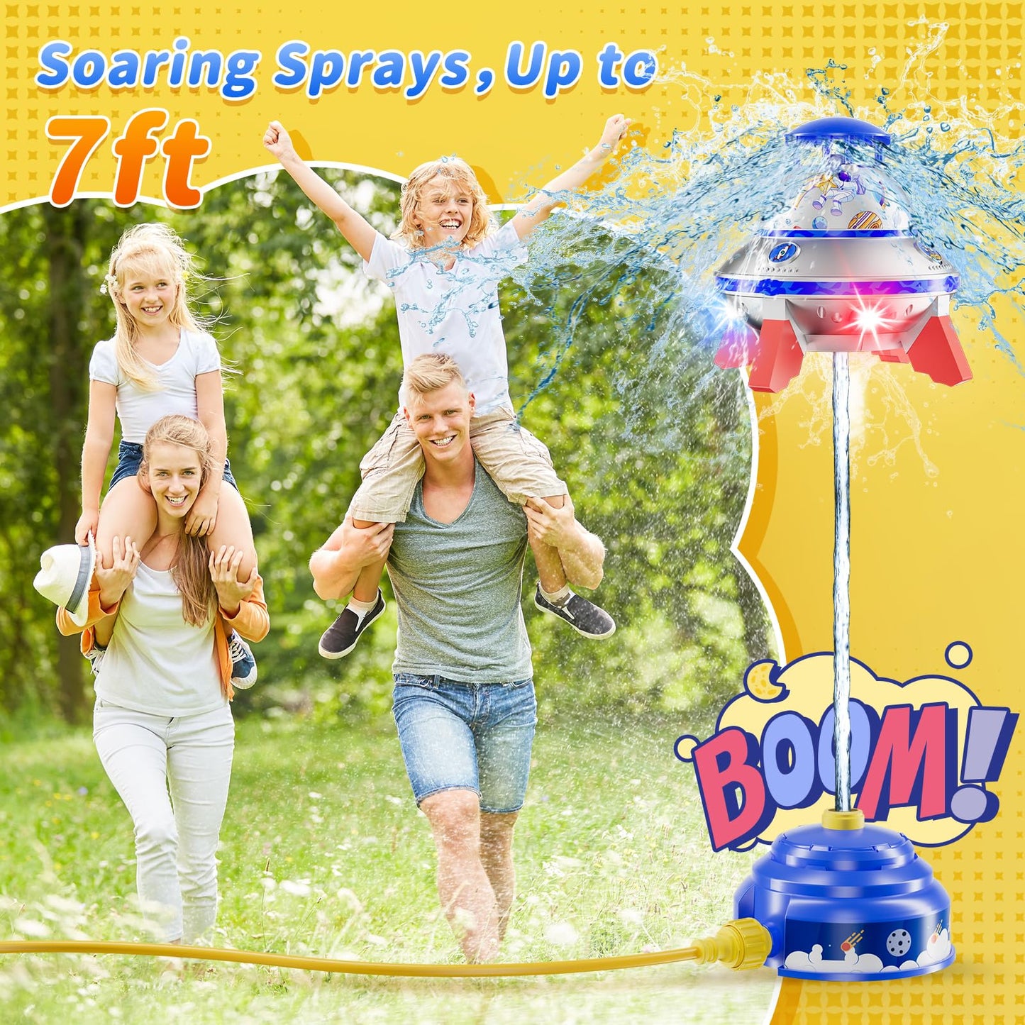 JOI MEW UFO Water Sprinkler for Kids, Water Rocket Toy Outdoor Summer Play W/Light & Spin, Adjustable Height Water Launcher, DIY Space Sticker, Backyard Lawn Gift for Girls Boys 3-12 Year Old Blue