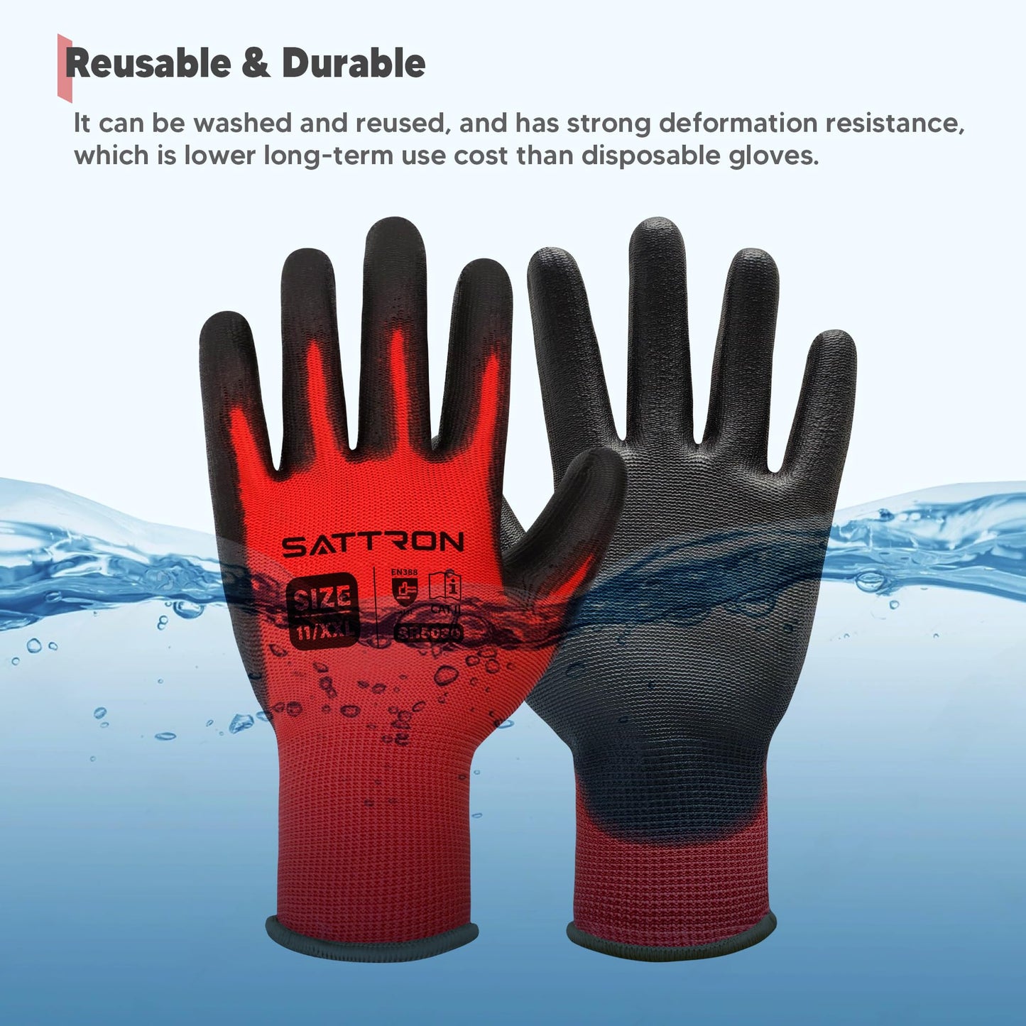 SATTRON Safety Work Gloves PU Coated, 12 Pairs Seamless Knit Gloves with Polyurethane Coating Working Gloves Excellent Grip for Men & Women, Breathable, Ideal for General Duty Work DIY (Red, Large)